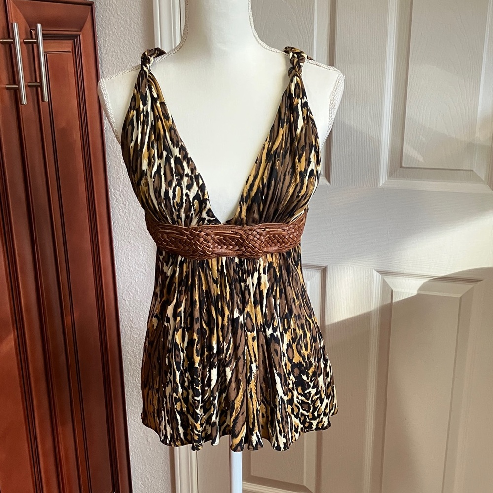 Vintage 100% silk Leopard Print Halter Top with Brown Braided Belt
